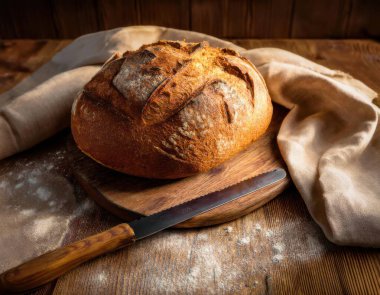 Ekmek bıçağıyla ahşap bir kesme tahtasına yerleştirilmiş, altından kabuklu bir ekmek somunu, dağınık un ve sıcak, doğal bir arka plan üzerine kurulmuş keten bir bez parçası.