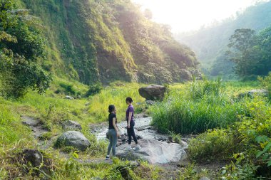 İki Asyalı kadın yemyeşil bir vadide kayaların üzerinde duruyor, açık hava egzersizlerini ve sürdürülebilir bir yaşam tarzını kucaklıyorlar..