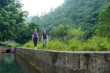 İki Asyalı kadın, yemyeşil bir doğal ortamda sulama kanalında yürürken dengede duruyorlar. Açık havada egzersiz yaparak sağlıklı, aktif ve sürdürülebilir yaşam tarzlarını teşvik ediyorlar..