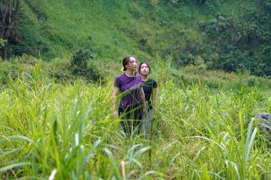 Doğa yolunda uzun otların arasında yürüyen iki Asyalı kadın egzersiz, spor ve sürdürülebilir yaşamı kucaklıyor.