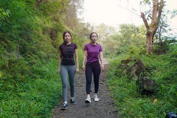 İki Asyalı kadın, doğa tarafından çevrelenmiş sağlıklı, aktif ve sürdürülebilir yaşam tarzlarını kucaklayarak, açık hava egzersizleri sırasında yemyeşil bir yolda yürürler..