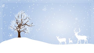 Winter landscape illustration. Abandoned tree in snowy nature, deer, fawn, hind, snowfall. Merry Christmas and Happy New Year card.	