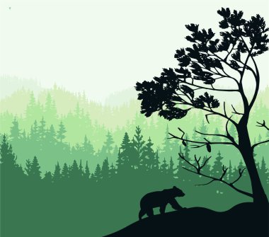 Silhouette of bear climb up hill. Tree in front, forest background. Magical misty landscape. Illustration, badge, sticker.	