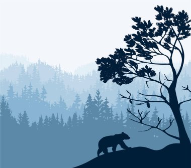 Ayı silueti tepeye tırmanıyor. Öndeki ağaç, orman arka planı. Sihirli sisli manzara. Görüntü, rozet, çıkartma.