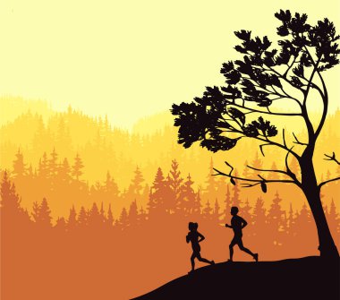 Kız ve erkek koşularının silueti. Öndeki ağaç, orman arka planı. Sihirli sisli manzara. Görüntü, rozet, çıkartma.