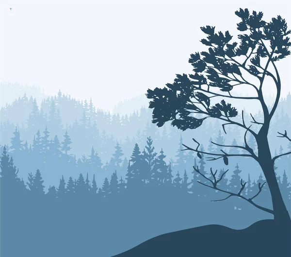 Landscape illustration. Silhouette of trees and mountains, forest, fog. Nature background. Pine tree in foreground.	