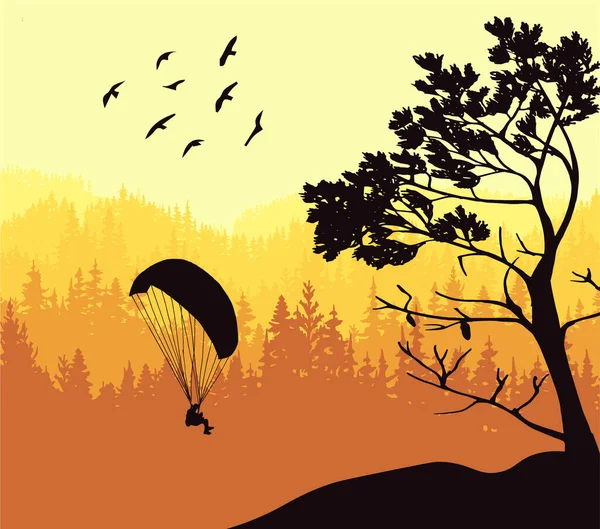 Magical misty landscape with paraglider and birds. Silhouettes of trees and mountains. Yellow, orange, brown illustration. Badge, sticker.	
