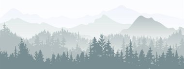 Horizontal banner. Magical misty landscape. Silhouette of forest and mountains, fog. Nature background. Gray and white illustration. ?Bookmark.