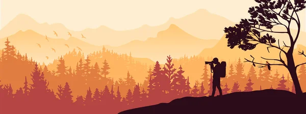 Photographer Stands Hill Take Picture Landscape Mountains Forest Background Orange — Vector de stock