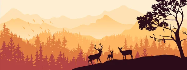 Horizontal Banner Silhouette Deer Doe Fawn Standing Hill Forest Mountains — Stock Vector