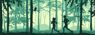 Horizontal landscape banner. Silhouette of boy and girl jogging in forest. Blue illustration. Wild trees.	