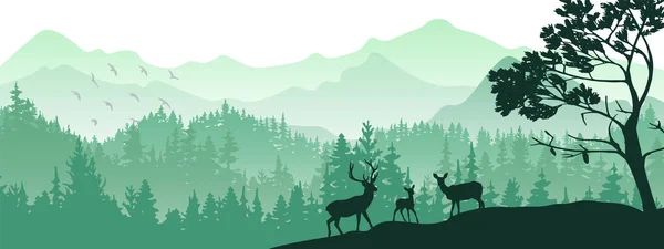 Bandiera Orizzontale Silhouette Cervo Cervo Cerbiatto Piedi Collina Foresta Montagne — Vettoriale Stock