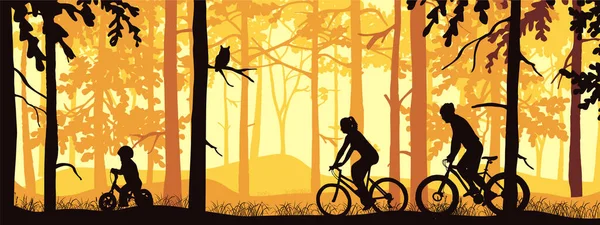 Ciclismo Familiar Ativo Floresta Mãe Pai Criança Silhueta Laranja Ilustração — Vetor de Stock