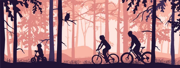 Ciclismo Familiar Ativo Floresta Mãe Pai Criança Silhueta Rosa Ilustração — Vetor de Stock