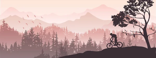 Silhouette Mountain Bike Rider Wild Nature Landscape Mountains Forest Background — Vector de stock