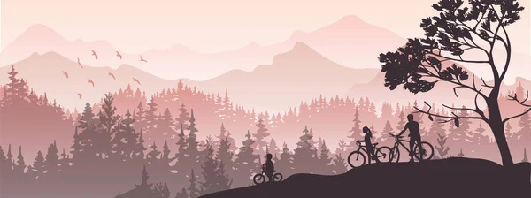 Aktives Familienradfahren Wald Und Berge Hintergrund Mutter Vater Kind Violette — Stockvektor