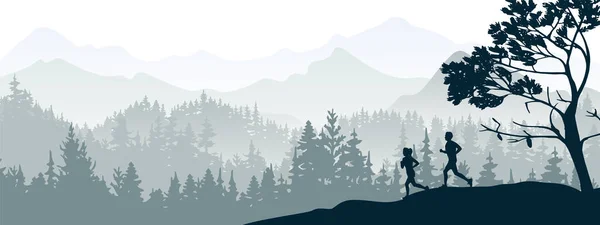 Silhouette Boy Girl Jogging Forest Meadow Mountains Horizontal Landscape Banner — Stock Vector