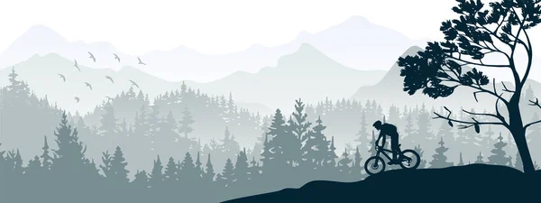 Silhouette Mountain Bike Rider Wild Nature Landscape Mountains Forest Background — Vector de stock