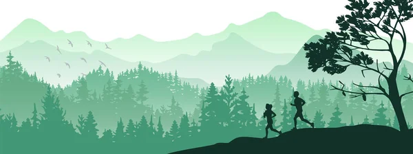 Silhouette Boy Girl Jogging Forest Meadow Mountains Horizontal Landscape Banner — Stock Vector