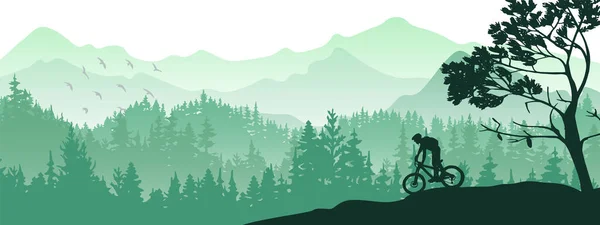 Silueta Ciclista Montaña Paisaje Salvaje Naturaleza Montañas Bosque Fondo Mágica — Vector de stock