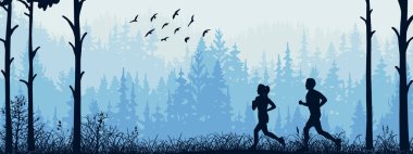 Yatay peyzaj afişi. Ormanda koşan kız ve oğlanın silueti. Mavi illüstrasyon. Vahşi ağaçlar. 