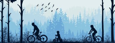 Aktif aile ormanda bisiklet sürüyor. Anne, baba, çocuk, mavi siluet yatay çizim. Sağlıklı yaşam tarzı açık hava aktiviteleri. Eğlence için. Pankart. 