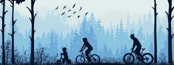 Активний Сімейний Велосипед Лісі Мати Батько Дитина Синій Силует Горизонтальна — стоковий вектор