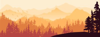 Silhouette of mountains and trees. Hills and forest. Magical misty landscape. Orange, yellow, brown illustration, horizontal banner.	