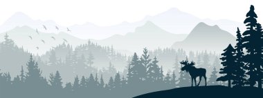 Silhouette of moose on hill. Tree in front, mountains and forest in background. Magical misty landscape. Illustration, horizontal banner.	