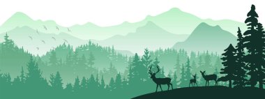 Yatay pankart. Geyik silueti, geyik, geyik yavrusu tepenin üstünde duruyor, orman ve arka planda dağlar. Sihirli sisli manzara, sis. Yeşil çizim. Arkaplan.