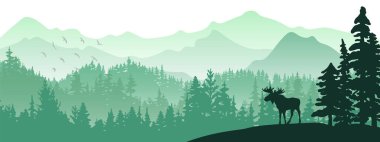 Tepedeki geyik silueti. Önde ağaç, arkada dağlar ve orman. Sihirli sisli manzara. Görüntü, yatay pankart.