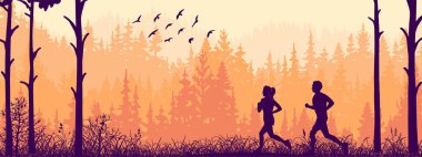 Horizontal landscape banner. Silhouette of boy and girl jogging in forest. Orange illustration. Wild trees.	