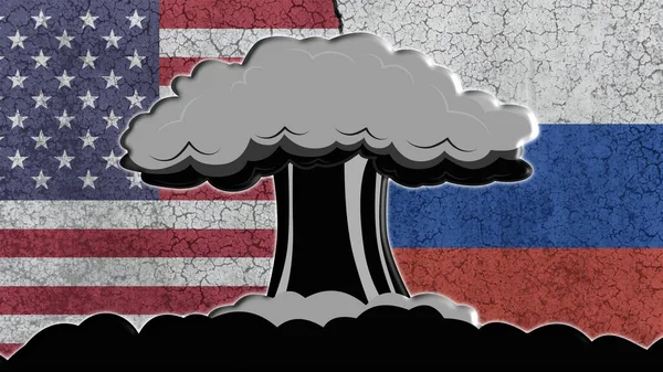 ロシア対米国 黒と白の核爆弾の爆発の途中で 壁に両国の旗 — ストック写真