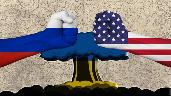 Russia vs USA, two fists with the flags of the two countries, in the center the explosion of a nuclear bomb with the flag of Ukraine. In the background a concrete wall