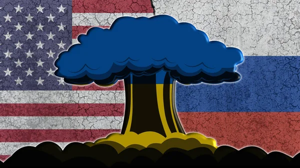 ロシア対米国 壁に両国の旗は 中央にウクライナの旗と核爆弾の爆発 — ストック写真