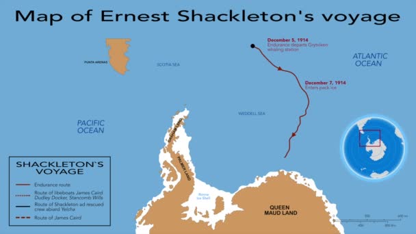 Animierte Karte Von Shackletons Unglaublicher Reise Zur Polarforschung Jahr 1914 — Stockvideo