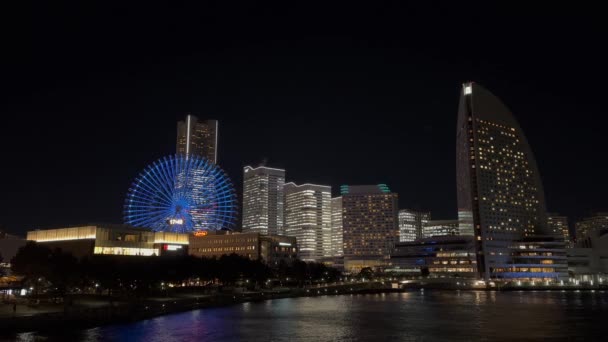 Vista Noturna Cidade Yokohama Fundo Roda Gigante — Vídeo de Stock