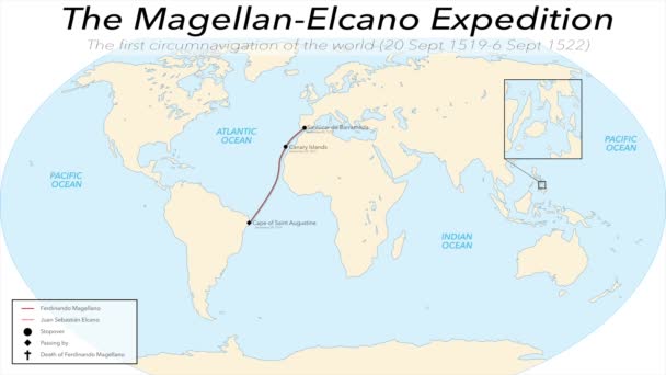Animation Magellan Elcano Expedition Πρώτος Περίπλους Του Κόσμου Σεπτεμβρίου 1519 — Αρχείο Βίντεο
