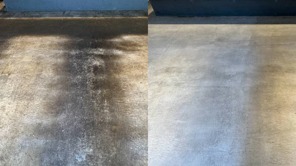 前と後に 古いレストランのコンクリート床から脂っこい汚れの除去 — ストック写真