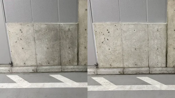 前と後に 新しい駐車場のコンクリート壁から油汚れの除去 — ストック写真