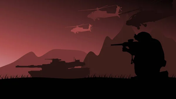 Silhouet Een Oorlogsgebied Met Soldaten Tanks Helikopters Stockafbeelding