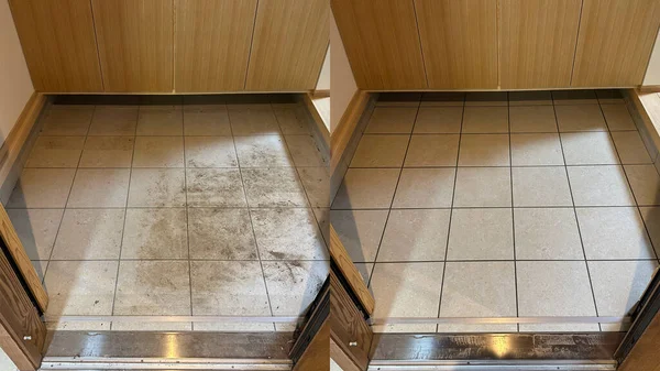 前と後 家の入り口で汚れたセラミックタイルの洗浄 — ストック写真