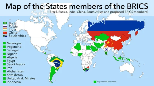 Kaart Van Brics Lidstaten Brazilië Rusland India China Zuid Afrika Rechtenvrije Stockafbeeldingen