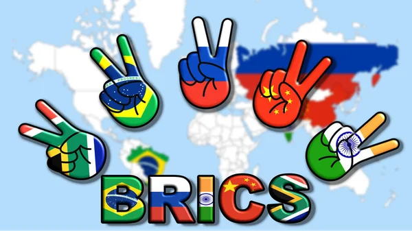 BRICS Brazil, Russia, India, China, and South Africa. Five stylized hands, with the flags of their respective countries, make the peace sign