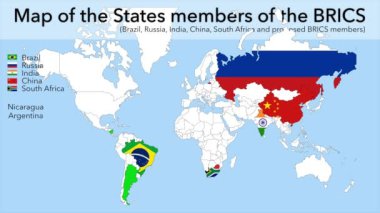 BRICS, Brezilya, Rusya, Hindistan, Çin, Güney Afrika Birleşik Devletleri üyelerinin animasyon haritası ve önerilen BRICS üyeleri