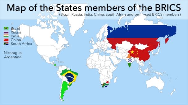 Brics Országok Brazília Oroszország India Kína Dél Afrika Animált Térképe — Stock videók