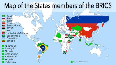 Yeni üyelerin haritası BRICS grubuna katıldı. Arjantin, Mısır, Etiyopya, İran, Suudi Arabistan ve BAE