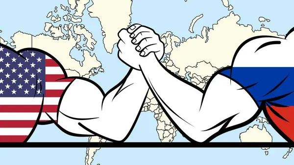 Arm wrestling between USA and Russia, with the world map in the background