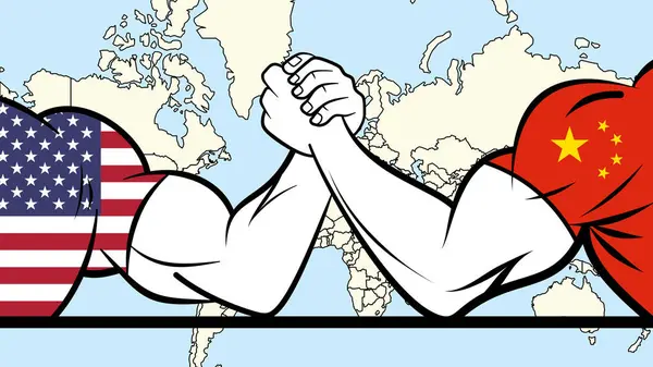 Arm wrestling between USA and China, with the world map in the background