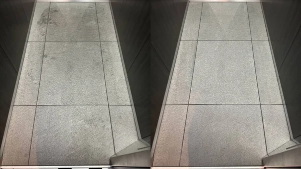 Before and after, cleaning on an old internal natural granite floor